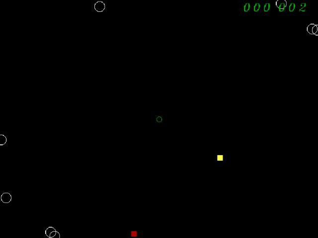 Fast Escape gameplay: a green ship, white circular obstacles and coloured squares on the original black playfield.